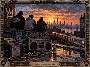 Three young men sit on a graffiti-covered rooftop overlooking New York at sunset, surrounded by a boombox, records, sneakers, spray paint, and urban textures. Warm orange light contrasts with deep blue shadows, creating nostalgic energy. A weathered equipment-case frame with cables, knobs, crowns, and brass details completes the cinematic illustration.