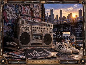 A weathered boombox, scuffed sneakers, spray cans, and vinyl records fill a gritty rooftop scene overlooking New York at sunset. Graffiti-covered walls, an elevated train, and the glowing skyline create raw urban energy. Warm gold light contrasts with dark metal, worn textures, and a rugged photographic style.