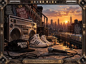 A gritty urban rooftop scene glows beneath a fiery sunset, centered on a weathered boombox, sneakers, microphone, records, and Beastie Boys cap. Graffiti-covered walls frame a sprawling New York skyline and elevated train. Warm amber light, deep shadows, distressed textures, and an industrial music-themed frame create rebellious 1990s energy.