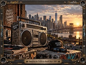A weathered boombox, vinyl records, cap, and sunglasses rest on a graffiti-covered rooftop overlooking Manhattan and the Brooklyn Bridge at sunset. Warm amber light cuts through blue-gray clouds, creating a reflective urban mood. Distressed metal framing, speaker corners, layered street textures, and bold graffiti evoke gritty 1990s hip-hop culture.