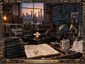 A richly detailed retro science studio blends hip-hop culture with intellectual curiosity, featuring a turntable, microscope, textbooks, globe, records, and chalkboard diagrams. Warm sunset light fills the industrial loft, casting amber highlights across dark wood and brass. The intricate framed composition feels inventive, nostalgic, energetic, and thoughtfully experimental.