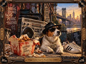 A streetwise dog in sunglasses and a fedora lounges beside a battered boombox, takeout box, and worn sneakers on a graffiti-covered New York stoop. Warm sunset light illuminates the bridge and skyline beyond. Rich browns, golds, reds, and blues create a playful, rebellious, nostalgic hip-hop atmosphere.