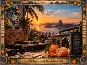 A vibrant tropical rooftop overlooks Rio at golden sunset, framed by palms, distant mountains, and glowing water. A turntable, weathered boombox, sunglasses, records, graffiti, and fresh tangerines create playful hip-hop energy. Warm orange, turquoise, and black tones enhance the richly detailed retro graphic style.