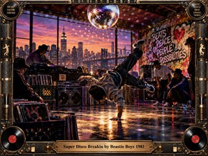 A breakdancer freezes above a reflective loft floor as a DJ and onlookers energize the scene. Warm sunset light meets colorful disco reflections, graffiti, speakers, records, and industrial windows framing the city skyline. Rich photographic detail and an ornate music-themed frame create a vibrant, celebratory hip-hop atmosphere.
