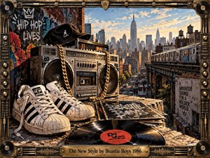 A weathered boombox, gold chain, scuffed sneakers, and vinyl records dominate a gritty New York rooftop overlooking trains and a dense skyline. Warm sunlight, deep shadows, graffiti, metallic textures, and an ornate music-inspired frame create an energetic, nostalgic hip-hop atmosphere with bold urban character.