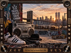 A weathered boombox, sneakers, microphone, hat, and skateboard anchor a gritty New York waterfront at sunset. Graffiti, concrete, chain fencing, and the Brooklyn Bridge frame the glowing skyline. Warm amber light contrasts with dark urban textures, while speaker-lined framing and hip-hop details create a bold, energetic 1980s street-culture atmosphere.