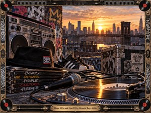A gritty rooftop hip-hop tableau overlooks New York at sunset, glowing in warm amber light. A turntable, microphone, boombox, sneakers, vinyl records, and road case fill the foreground with tactile street energy. Graffiti textures, industrial hardware, and a record-themed frame create a nostalgic, rhythmic, late-1990s atmosphere.