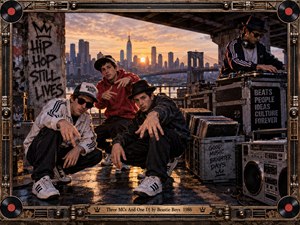 Three performers crouch confidently on a gritty rooftop while a DJ works turntables beside stacked records and a boombox. Warm sunset light silhouettes the city skyline and bridge, reflecting across wet pavement. Industrial framing, graffiti, metallic textures, and cinematic realism create an energetic, rebellious old-school hip-hop atmosphere.