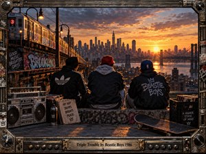 Three figures sit on a graffiti-covered rooftop overlooking a glowing city skyline, elevated train, river, and bridges at sunset. Warm orange light contrasts with deep blue shadows, creating an energetic, reflective urban mood. A rugged boombox-inspired metal frame, records, skateboard, spray paint, and street-art details reinforce the hip-hop atmosphere.