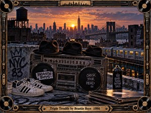 A weathered boombox, three black hats, sneakers, microphone, vinyl records, and spray can fill a gritty rooftop overlooking New York at sunset. Warm amber light meets deep urban shadows as a subway crosses beneath the skyline. Graffiti, distressed textures, and an ornate music-themed frame create energetic old-school hip-hop atmosphere.