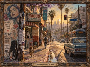 A richly textured East L.A. street glows in golden-hour light, framed by weathered wood and bronze ornament. Murals, taco signs, palms, a lowrider, Metro bus, skateboarder, stray dog, and distant skyline create lively urban depth. Warm golds, turquoise, terracotta, and purple blossoms enhance the nostalgic mixed-media painting style.