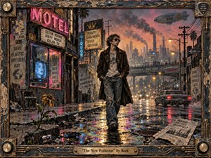 A lone, sunglassed figure strides through a rain-slick, neon-stained city street, framed by grimy motels, smoking factories, and flickering signs. Oil-slick puddles shimmer with pink, gold, and blue reflections beneath a smoggy sunset. The mixed-media style feels gritty and handcrafted, blending urban decay, dark satire, and restless, offbeat 1990s cool.