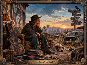 A weary musician sits on a battered couch in a desert scrapyard at sunset, surrounded by a worn guitar case, vinyl records, a resting dog, and a rusted vintage car. Warm amber light contrasts with dusty blues and browns, creating a reflective, melancholic mood within a richly textured cinematic mixed-media style.