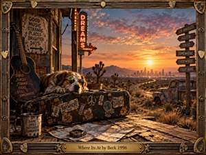 A weathered roadside scene glows beneath a vivid desert sunset, blending vintage Americana with eccentric alternative energy. A relaxed dog in sunglasses rests on a battered guitar case among maps, signs, and travel objects. Warm orange light, dusty textures, neon accents, and distant city lights create a nostalgic, restless, cinematic mood.