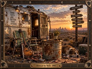 A weathered trailer, battered guitar, rusty barrel table, scattered cans, and a resting dog fill a dusty desert campsite at sunset. Warm amber light, distant city silhouettes, handmade signposts, and rugged textures create a nostalgic, offbeat mood. The detailed photographic style blends roadside decay, humor, and restless 1990s alternative energy.