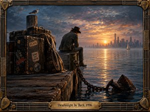 A solitary traveler sits hunched on a weathered pier beside battered luggage and a guitar case, facing a glowing city skyline across calm water. Stormy blue clouds frame a warm sunset, while a gull, heavy chain, and submerged anchor deepen the melancholy. Detailed cinematic realism and an ornate instrument-inspired frame reinforce the reflective mood.