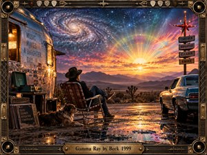 A lone traveler and dog rest beside a weathered trailer and vintage car beneath a vast desert sky transformed by a glowing galaxy and radiant sunset. Warm gold, blue, and crimson reflections create a dreamy, nostalgic mood, while the ornate music-inspired frame, roadside signs, records, and title plate add surreal retro detail.
