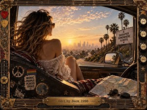 A windswept woman sits beside a vintage car overlooking a palm-lined city at golden hour, surrounded by a weathered musical frame, travel maps, guitar picks, and worn hardware. Warm amber light, dusty textures, cinematic grain, and nostalgic roadside details create a restless, romantic mood of movement, possibility, and distant horizons.