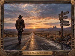 A solitary traveler carrying a worn guitar case walks down a wet desert highway toward a glowing sunset. Rugged mesas, scrubland, and dramatic clouds create a lonely, reflective mood. Warm amber light contrasts with cool stormy blues, while the detailed photographic style, weathered frame, road signs, and brass plate reinforce restless independence.