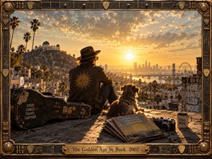 A lone traveler and shaggy dog sit on a weathered rooftop above a sprawling city at sunset, surrounded by a battered guitar case, records, camera, and mug. Golden light, hazy towers, palms, and glowing clouds create a wistful cinematic mood, enclosed by an ornate guitar-inspired bronze and wood frame.