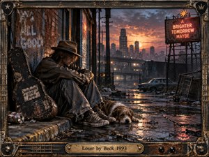 A weary young drifter sits beside a battered guitar case and resting dog in a rain-soaked industrial alley. Warm sunset light glows behind a hazy city skyline, contrasting with rust, wet pavement, graffiti, and faded signs. The cinematic photographic style blends melancholy, irony, urban decay, and offbeat 1990s alternative attitude.