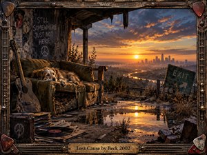 A weary dog rests on a torn sofa inside a decaying roadside shelter overlooking a hazy city at sunset. Warm amber light reflects across puddles and debris, while a battered guitar, scattered records, graffiti, and an EXIT sign deepen the melancholy. The cinematic photographic style feels abandoned, reflective, and quietly resigned.