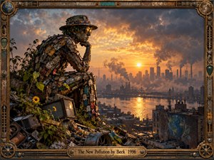 A scrap-built metal figure in goggles overlooks a sprawling industrial city choked with smoke beneath a fiery sunset. Rusted machinery, broken electronics, wild plants, and a painted globe create a surreal environmental tableau. Warm amber light contrasts with gray pollution, giving the cinematic digital artwork a reflective, uneasy mood.