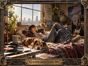 A relaxed figure lounges with a sleepy dog in a sunlit, cluttered loft filled with records, books, plants, posters, and instruments. Warm amber light, faded blues, worn textures, and a hazy city view create a nostalgic, ironic calm. An ornate guitar-themed frame reinforces the handmade alternative-rock character.