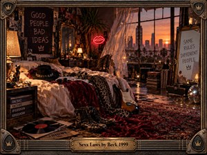 A decadent retro bedroom glows with orange sunset light, neon red accents, and moody shadows. Rumpled velvet bedding, a guitar, vinyl records, boots, mirrors, plants, and handwritten wall art create restless sensual energy. Ornate metallic framing and a brass title plate give the cinematic scene a rebellious late-1990s album-art character.