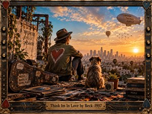 A solitary man and shaggy dog overlook a glowing city skyline from a weathered rooftop, surrounded by records, books, plants, and a battered guitar case. Warm sunset light, faded textures, whimsical airborne details, and an ornate guitar-inspired frame create a romantic, reflective, slightly surreal indie-rock atmosphere.