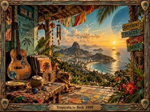 A weathered tropical veranda overlooks a radiant coastal city, mountains, islands, and shimmering sea at sunset. Warm gold, turquoise, and earthy tones create a dreamy retro atmosphere. A battered guitar, records, coconut drink, lounging dog, mosaic floor, flags, flowers, and surreal planet enrich the richly textured cinematic composition.