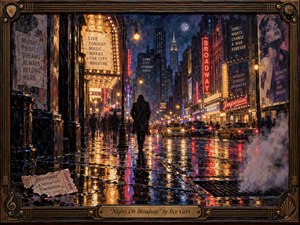 A lone figure walks through a rain-slick Broadway street at night, surrounded by glowing marquees, taxis, steam, and shadowy crowds. Rich gold, crimson, and violet reflections shimmer across the pavement beneath a moonlit sky. Painted in a textured, impressionistic style, the scene feels nostalgic, cinematic, lonely, and quietly electrifying.