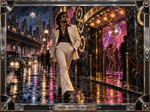 A confident man in a cream 1970s suit strides through a rain-soaked neon city, passing a glowing disco club alive with dancers and mirrored light. Magenta, gold, indigo, and chrome reflections shimmer across the street, while painterly textures, vintage cars, city lights, and an ornate record-inspired frame create glamorous nighttime energy.