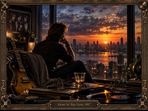 A solitary man sits beside a guitar in a shadowed high-rise room, gazing through rain-streaked windows toward a glowing sunset skyline. Warm amber light contrasts with deep blue shadows, while records, books, glassware, and ornate bronze framing create a nostalgic, cinematic atmosphere of longing, reflection, and emotional isolation.