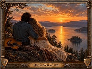 A couple sits closely together on a rocky lakeside overlook as a glowing sunset spreads across calm water, distant islands, and layered mountains. Warm amber light, deep shadows, textured clothing, an acoustic guitar, and an ornate bronze musical frame create a romantic, reflective, handcrafted atmosphere filled with intimacy and quiet devotion.