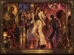 A stylish man in a cream disco suit dances at the center of a glamorous 1970s nightclub, surrounded by shimmering partygoers, mirrored light, and warm city glow. Rich gold, red, and purple tones reflect across the glossy floor, while an ornate wood and brass frame and title plate complete the nostalgic oil painted scene.