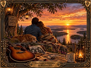 A warmly nostalgic couple sits beneath a lantern-lit tree overlooking a glowing sunset lake, surrounded by mountains, islands, wildflowers, a resting dog, acoustic guitar, records, and keepsakes. Rich amber light, rustic textures, and an ornate music-themed frame create a tender, reflective late-1960s atmosphere of enduring memory and affection.