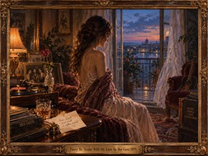 A wistful woman sits beside an open balcony at twilight, surrounded by warm lamplight, a spinning record, roses, framed memories, and a resting guitar. Deep burgundy, amber, and blue tones create a tender 1970s atmosphere. Rich oil-painted textures and ornate carved framing emphasize longing, vulnerability, romance, and quiet emotional tension.