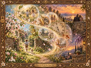 A luminous garden of spring blossoms surrounds drifting memory bubbles that follow a graceful S-curve through childhood, romance, and passing seasons. Warm gold, soft pink, blue, and violet light create a nostalgic dreamlike mood. Detailed painterly textures, a distant sunset village, aged clocks, and an ornate floral frame deepen the sense of time.