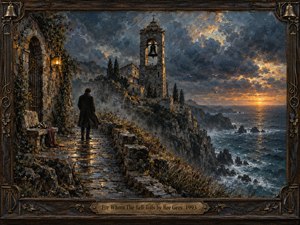 A solitary man stands on a rain-darkened cliffside path facing an ancient bell tower above a restless sea. Storm clouds part around a fading golden sunset, casting mournful light across stone ruins and crashing waves. Rich oil textures, deep blues, bronze tones, and an ornate frame create a haunting, reflective atmosphere.