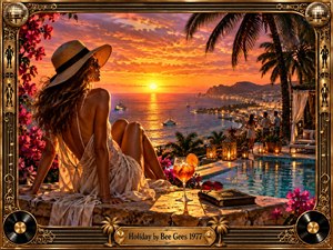 A glamorous woman in a flowing white dress watches a brilliant coastal sunset from a flowered terrace above a glowing harbor. Warm gold, orange, pink, and deep blue tones create a dreamy nostalgic mood, while palms, sailboats, lanterns, an infinity pool, and ornate musical framing enrich the cinematic retro composition.