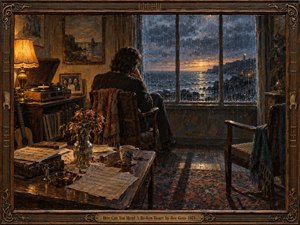A solitary man sits beside a rain-streaked window overlooking a stormy sea at sunset, surrounded by records, sheet music, fading roses, and warm lamplight. Deep blues and amber tones create a melancholy contrast, while textured painterly brushwork, reflective wood, and the ornate musical frame evoke memory, loneliness, and fragile hope.