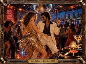 A glamorous 1970s nightclub pulses beneath a mirrored disco ball as a stylish couple dances at center, surrounded by lively revelers, glowing city windows, warm amber lights, and colorful reflections. Rich painterly detail, glossy surfaces, vintage fashion, and an ornate record-inspired frame create a confident, rhythmic, celebratory atmosphere.