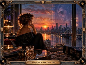 A solitary woman sits beside a glowing window at sunset, overlooking a river and city skyline while a ghostlike male face appears in the glass. Warm amber light contrasts with deep blue shadows, creating a reflective, romantic mood. Ornate musical framing, records, glassware, and rich painterly detail evoke early 1980s nostalgia.