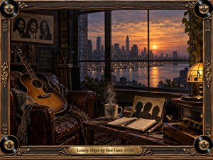 A warmly lit 1970s loft overlooks a glowing city skyline at sunset, creating a reflective, lonely mood. A worn leather chair, acoustic guitar, records, handwritten journal, steaming mug, and vintage lamp fill the intimate interior. Rich browns, amber light, deep shadows, and an ornate musical frame enhance the nostalgic cinematic realism.