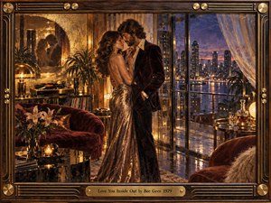 A glamorous couple embraces in a luxurious high rise apartment at dusk, framed by glowing city lights beyond tall glass doors. Warm gold, amber, and burgundy tones fill the intimate scene, with vinyl records, velvet furniture, candles, and polished brass details rendered in a richly textured, romantic, handcrafted painting style.