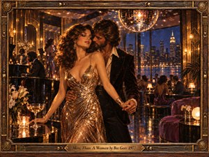 A glamorous couple shares an intimate moment inside a lavish late-1970s nightclub overlooking a glowing city skyline. Warm amber light, mirrored reflections, a silver disco ball, polished black surfaces, flowers, and jewel-toned seating create a romantic, luxurious atmosphere. Rich painterly detail and ornate framing emphasize passion, elegance, and timeless devotion.
