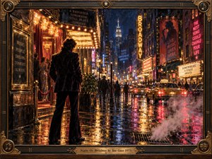 A solitary man stands beneath glowing theater lights on a rain-soaked Broadway street, surrounded by taxis, crowds, neon marquees, and shimmering pavement reflections. Deep blues, amber golds, and crimson highlights create a restless nocturnal mood. Rich painterly textures, steam, ornate framing, and cinematic perspective evoke longing, glamour, and urban isolation.
