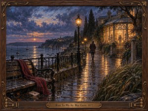 A solitary figure walks along a rain-darkened seaside promenade toward a warmly glowing glass conservatory at twilight. Golden lamplight reflects across wet stone while deep blue clouds, distant boats, flowers, and an abandoned red scarf create a wistful mood. Rich oil-paint textures and ornate framing enhance the romantic atmosphere.