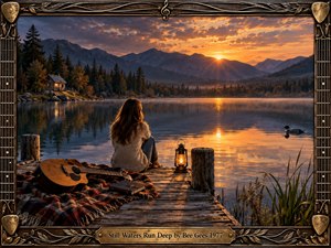 A solitary woman sits on a weathered dock beside an acoustic guitar and glowing lantern, facing a glassy mountain lake at sunset. Warm amber light reflects across still water beneath dramatic clouds, while a distant cabin and evergreen shore deepen the quiet, reflective mood. An ornate musical frame completes the handcrafted composition.